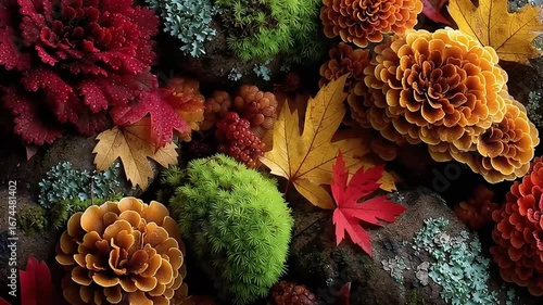 Colorful Autumn Leaves with Water Droplets and Mushrooms in Forest