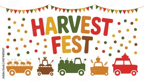A festive harvest fest banner with colorful cars and bunting decorations on a white background design