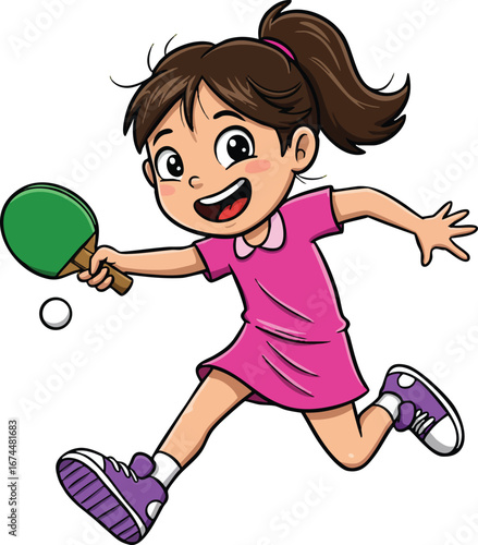 Girl playing table tennis with paddle and ball in pink dress and purple shoes energetic action vector illustration 