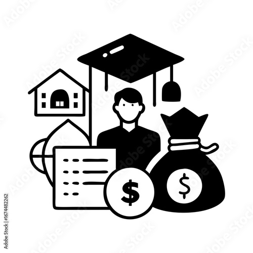 Vector art of education finance and investment representing student loan, scholarship, tuition fee, and future career