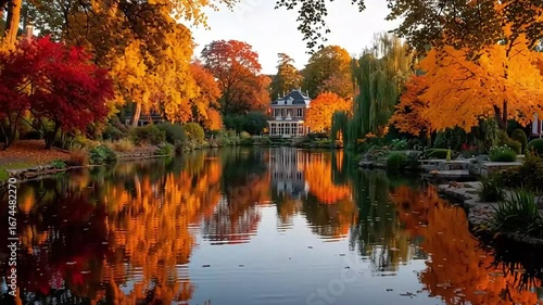 Beautiful Autumn Park with Lake Reflection and Historic Mansion
