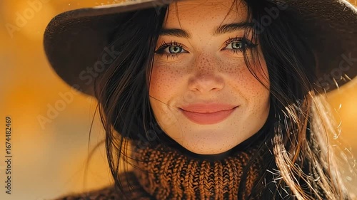 Beautiful Freckled Woman with Blue Eyes and Brown Hat in Fall Colors
