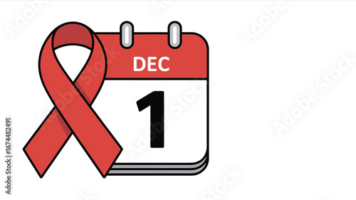 A red ribbon next to a calendar page showing december first for aids awareness day illustration