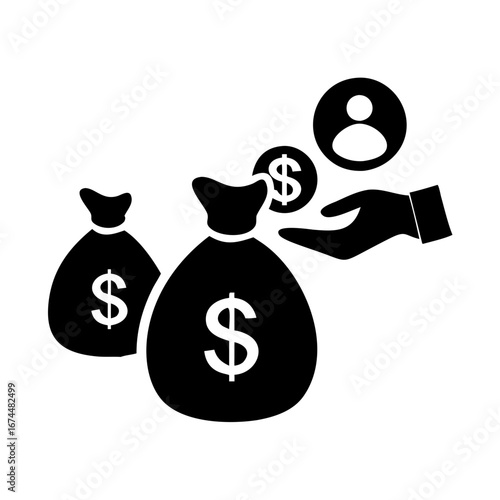 Illustration of money bags, hand and person, representing financial gain, investment and wealth