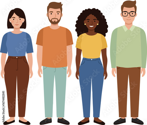Diverse group of four casual young adults standing together with neutral expressions vector illustration 
