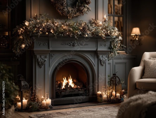 Cozy winter evening by the fireplace in a beautifully decorated living room with soft lighting