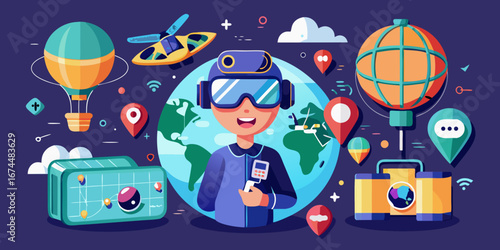 Person wearing vr headset exploring the world with travel icons and technology elements silhouette isolated on white background