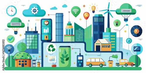 Smart city technology integration for sustainable urban living and green energy solutions isolated on white background silhouette