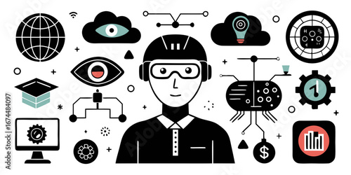 Modern technology and innovation icons featuring a person with goggles and various scientific symbols isolated on white background silhouette