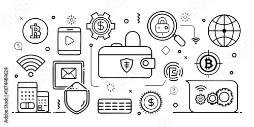 Digital finance and cryptocurrency security icons representing online transactions and global connectivity silhouette isolated on white background