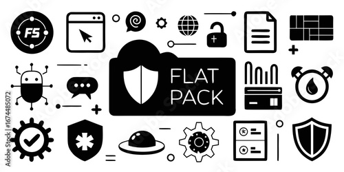 Collection of diverse flat design icons representing technology security and communication silhouette isolated on white background