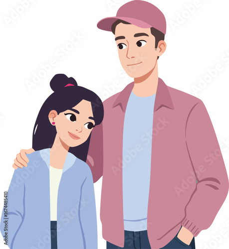 Young couple standing together with arm around shoulder showing affection and comfort in casual clothing vector illustration 