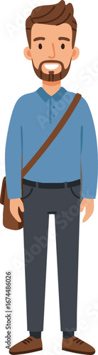 Casual young man standing with blue shirt brown shoes and messenger bag vector illustration 