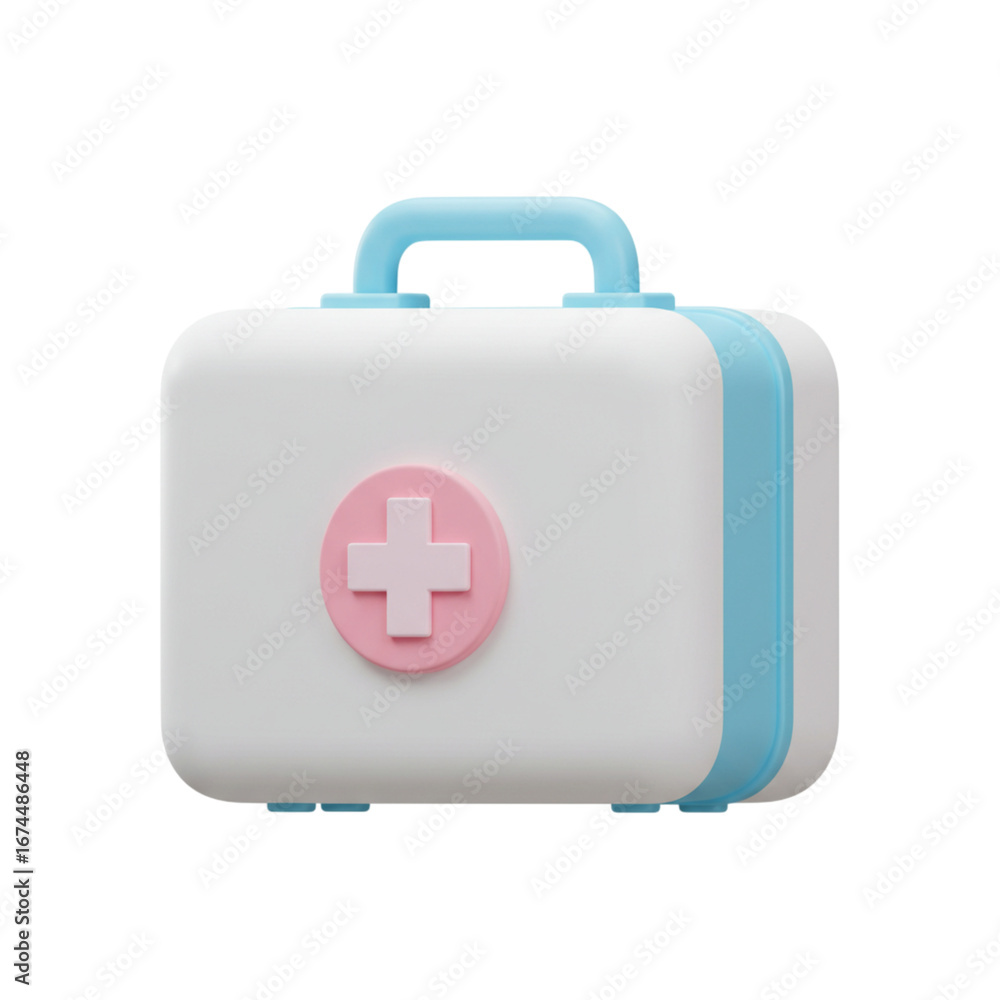 Obraz premium A compact white and blue first aid kit with a pink medical symbol on a black background