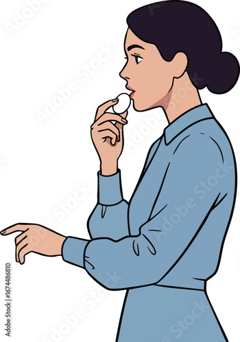 Woman in blue shirt applying makeup with cotton pad side profile illustration vector