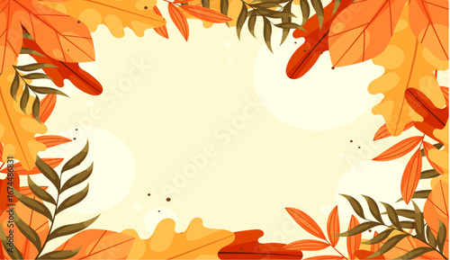 Beautiful autumn landscape background with vibrant orange, red, and yellow leaves, sunlight filtering through trees, fallen leaves on the ground, peaceful and natural atmosphere.