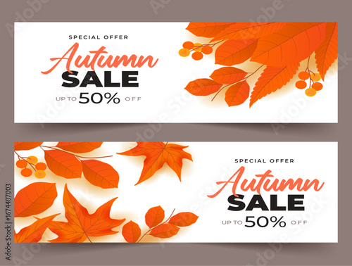 Autumn sale banner with vibrant fall leaves in orange, yellow, and red. Festive design with "Get up to 25%,50%,70% off" text, perfect for seasonal promotions, marketing, and social media campaigns.