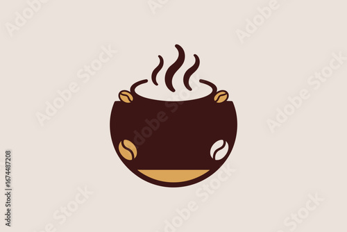 A stylized illustration of a coffee pot with steam and coffee beans on a light background color