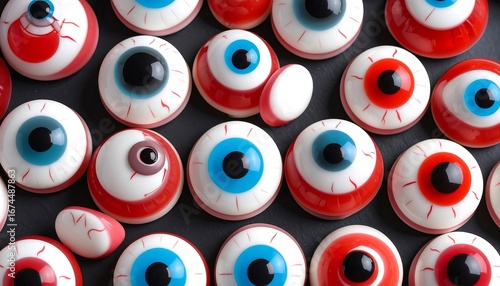 Halloween candy eyes on dark slate