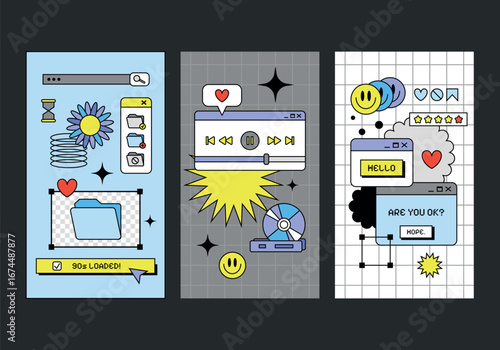 Wallpaper Mural Collection of retro covers with flat UI and UX elements of Y2K windows style. Graphic frames and computer game elements. Nostalgic style of 80s, 90s. Cartoon old computer screen. Vector windows, signs Torontodigital.ca