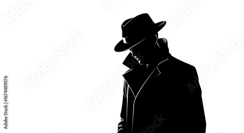 Bild auf Leinwand Silhouette of a man in a fedora and trench coat against a white background in a
