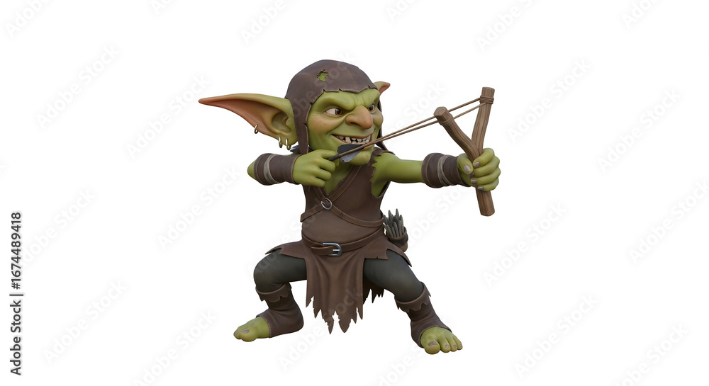 Fototapeta premium A green goblin with a slingshot on a white background is aiming with a mischievous expression on its face