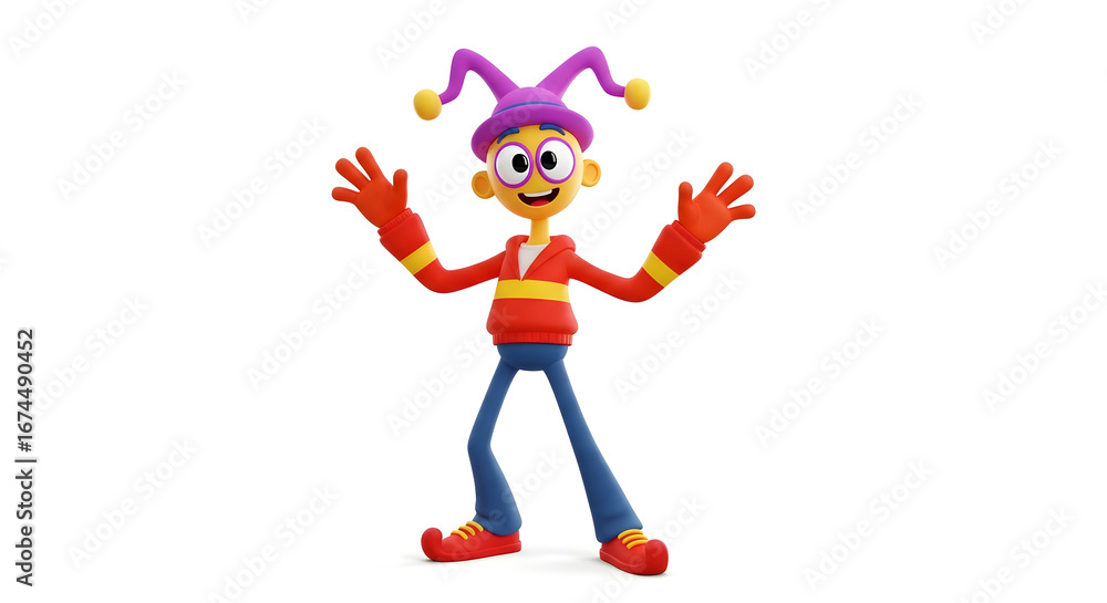 Obraz premium Cartoon character with jester hat and open arms standing on a white background in a full shot