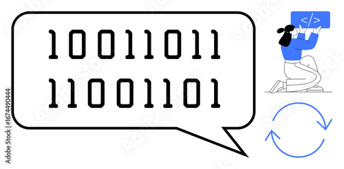 Binary code in speech bubble, developer writing code with tablet, circular arrows symbolizing software updates. Ideal for coding, programming, automation, AI, innovation, education simple landing