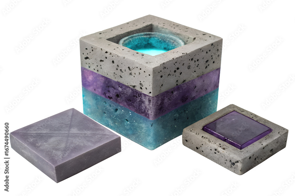 Obraz premium Concrete and Resin Cube Lamp with Amethyst Accents Unique Modern Home Decor