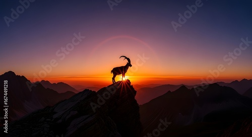 Majestic ibex silhouetted atop a mountain peak at sunrise, bathed in warm golden light