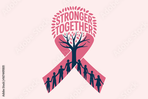 A pink ribbon with stronger together text and a tree and people holding hands on a light pink background