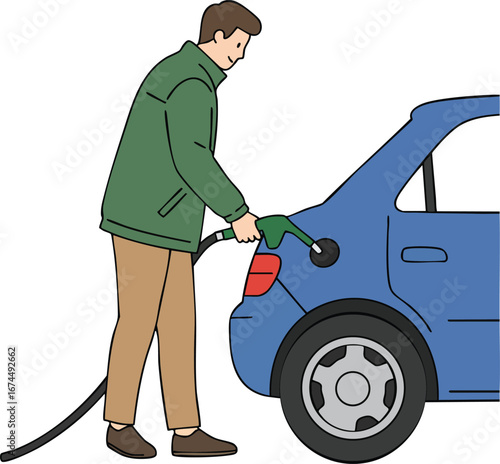 Man refueling blue car at gas station with green pump nozzle vector illustration 