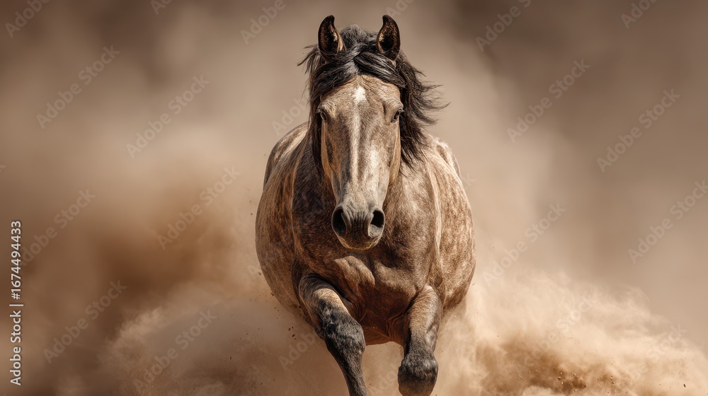 Obraz premium Majestic horse galloping through dusty terrain in the late afternoon sun