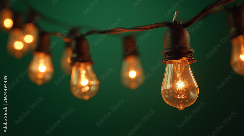 Obraz premium Warm glowing string lights hanging against a vibrant green background, creating a festive and cozy atmosphere. 