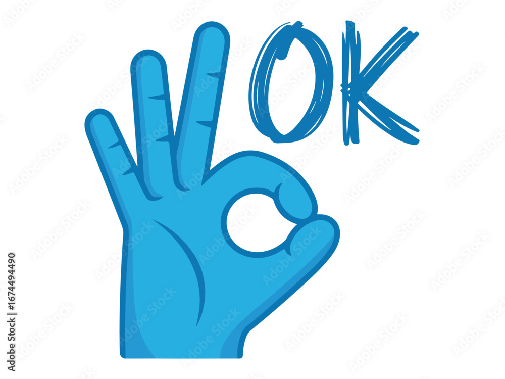 Obraz premium OK Gesture Hand, Blue Cartoon Hand, Positive Sign, Agreement Symbol, Approval, Vector Illustration