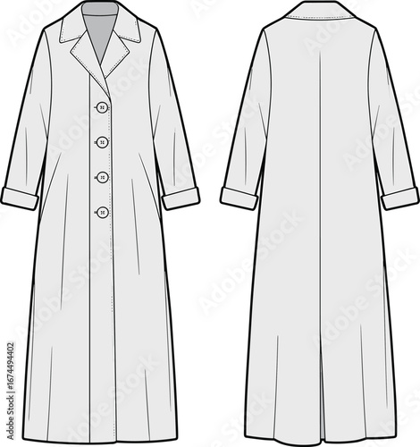 Long trench coat flat sketch, fashion CAD technical drawing, front and back view, outerwear coat vector illustration for designers
