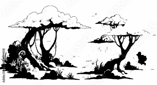 Serene trees and landscapes artfully rendered in black and white, a scene of natural beauty and tranquility for creative projects, originally vector graphics