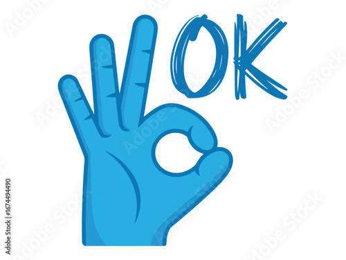 OK Gesture Hand, Blue Cartoon Hand, Positive Sign, Agreement Symbol, Approval, Vector Illustration