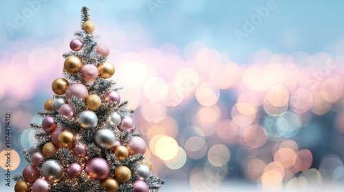 Elegant pastel Christmas tree decorated with golden and pink ornaments against sparkling festive bokeh lights background