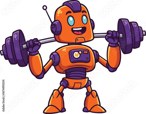 Orange robot lifting heavy barbells with purple weights in fitness workout illustration vector 