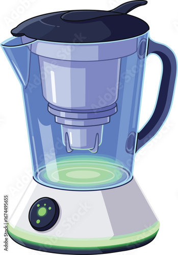 Water Filter Pitcher Vector, a clean and modern illustration of a counter-top purifier for healthy living, hydration, and clean drinking water concepts.