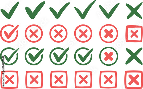 Hand-drawn Green Checkmarks and Red Crosses Tick and Cross Icons Set for UI Design