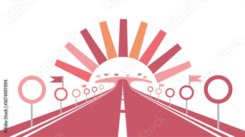 A pink road leading to a bridge with flags and a sunburst design on a white background illustration