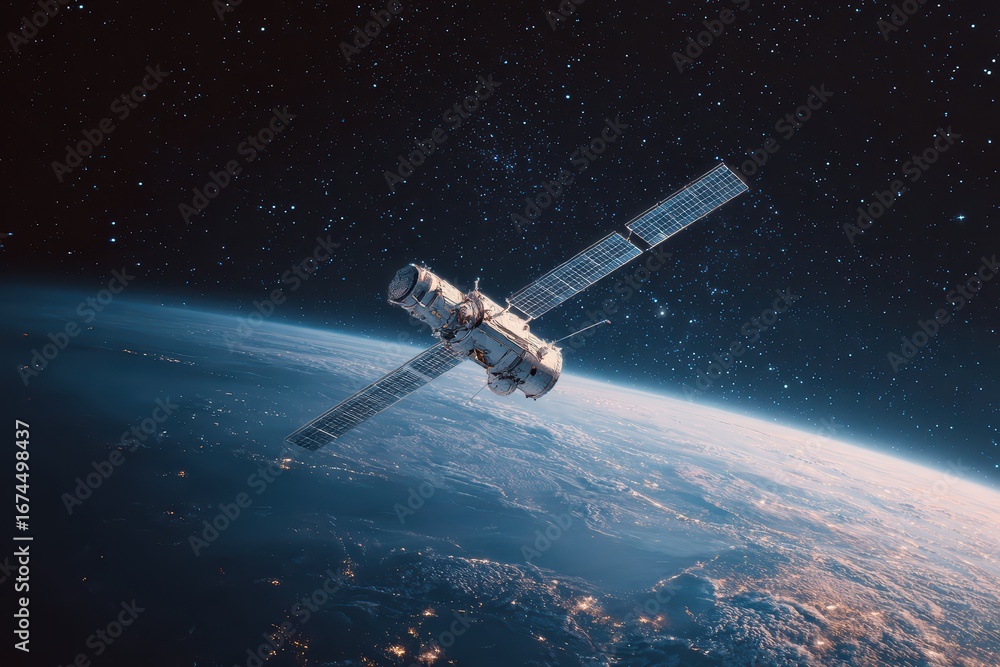 Obraz premium Sleek High-Tech Artificial Satellite Orbiting Earth Amid Twinkling Stars