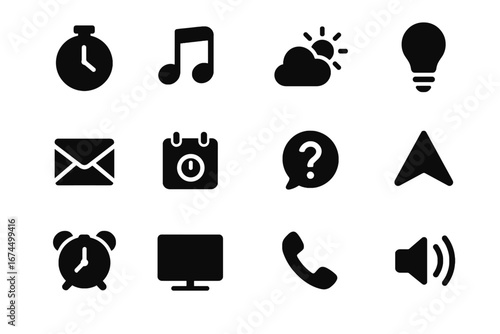 Vector control assistant call navigate alarm icon voice schedule set check music