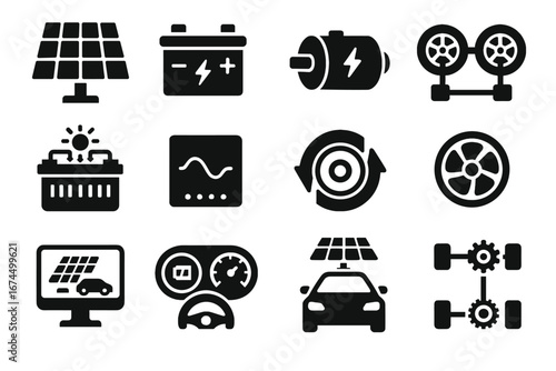 Vehicle vector electric drivetrain battery brake controller components charge icon solar