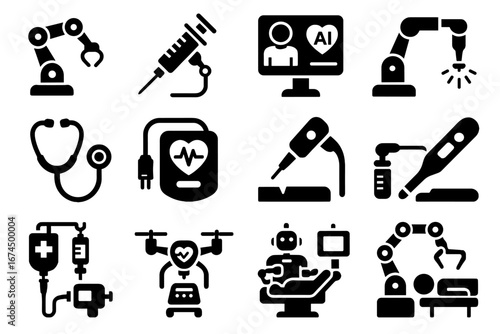 Surgery defibrillator icons stethoscope health nozzle vector icon injector sampler medic robot