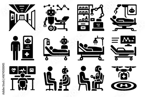 Unit icons futuristic robotic remote health icon consultation vector center recovery stretcher