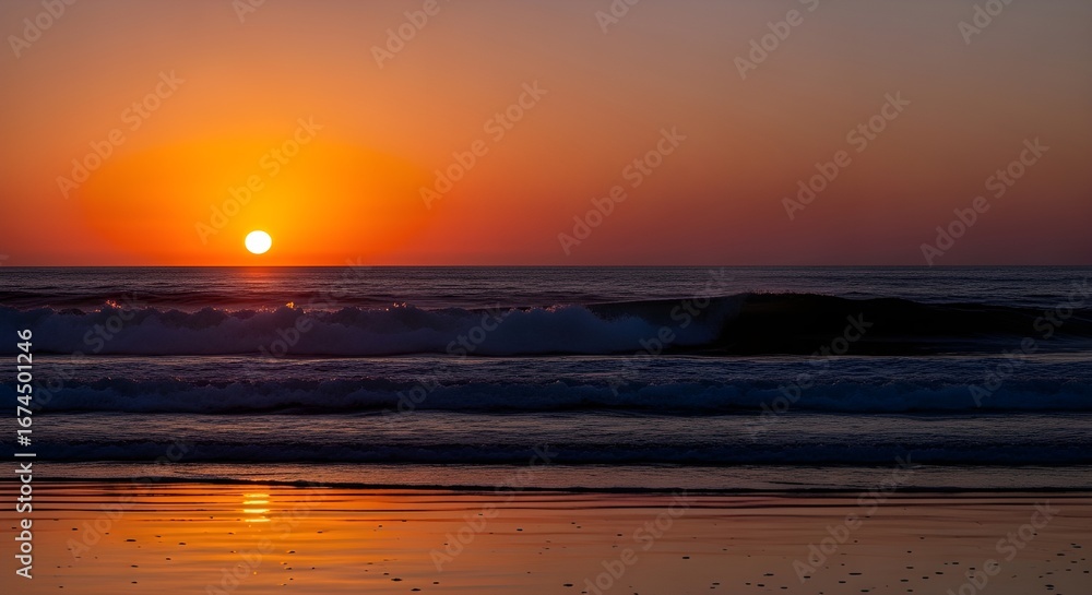Fototapeta premium Stunning ocean sunset paints sky with vibrant orange hues, waves gently roll onto shore