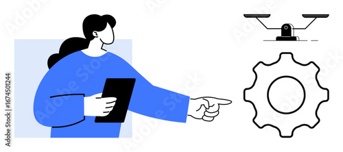 Woman holding tablet pointing to gear and balance scale symbolizing work efficiency, strategy, decision-making, and balance. Ideal for teamwork, leadership, problem-solving, time management